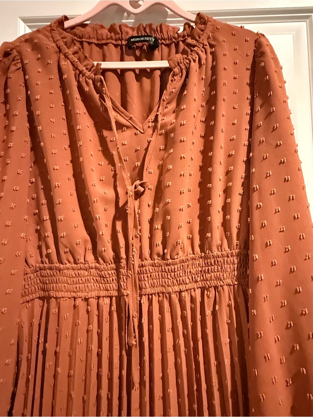 Rust Textured Maxi Dress with Smocked Waist - Picture 4 of 6